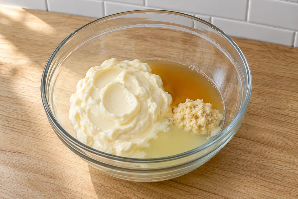alabama white sauce — step 1: Combine mayonnaise, apple cider vinegar, horseradish, and lemon juice in a medium bowl.