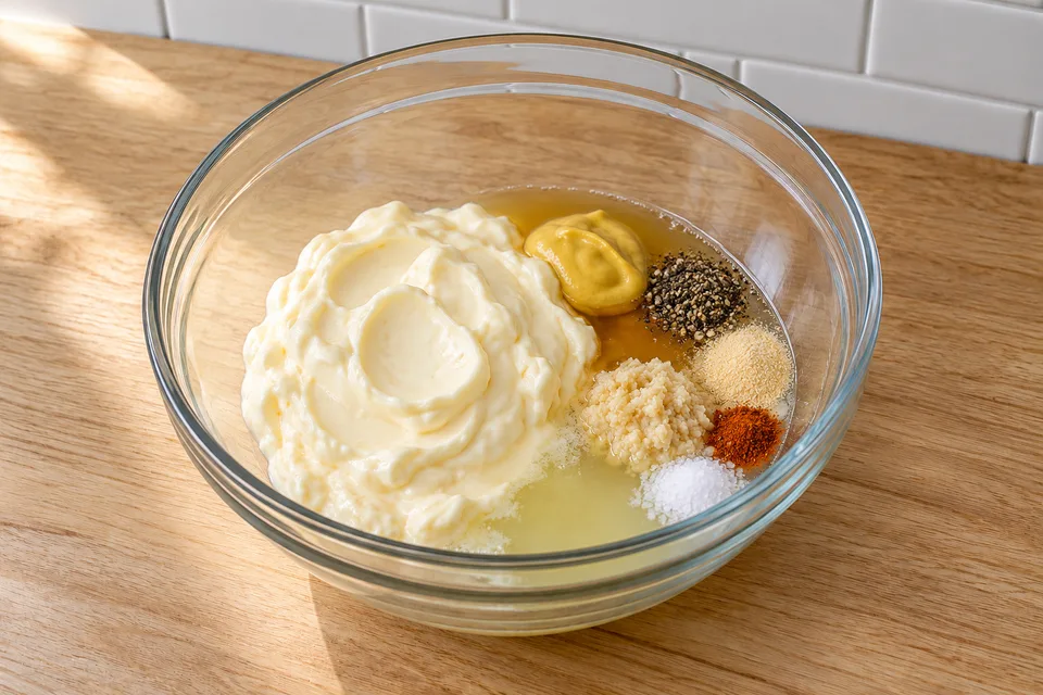 alabama white sauce — step 2: Add yellow mustard, black pepper, garlic powder, salt, and cayenne pepper.