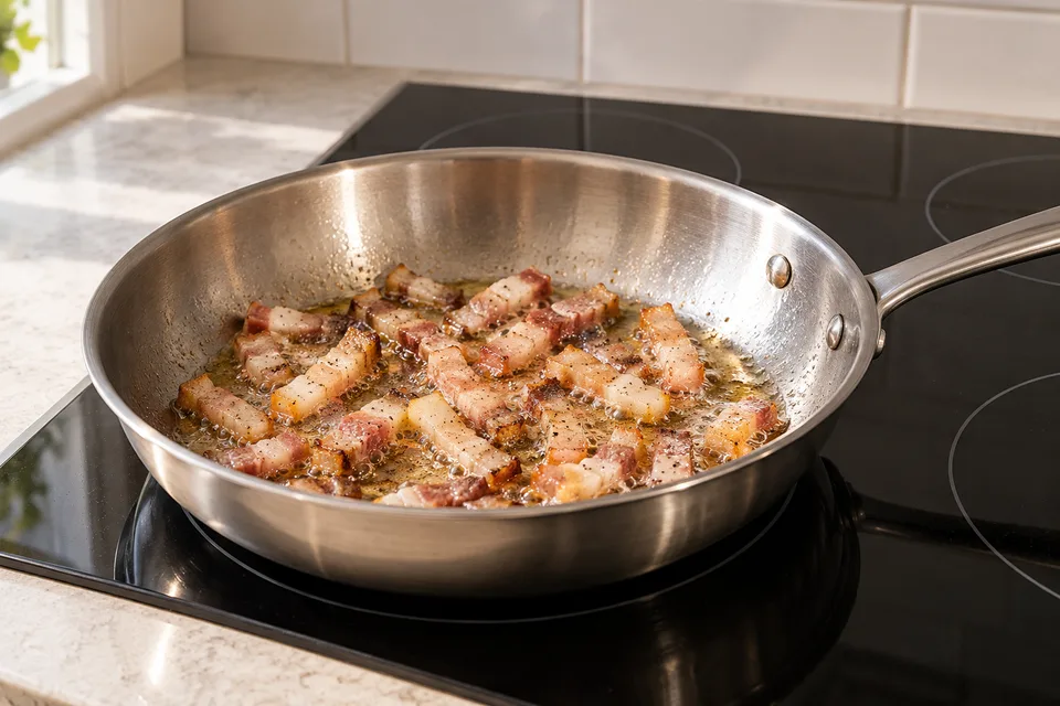 amatriciana sauce — step 1: Heat olive oil in a wide skillet over medium heat. Add guanciale strips and cook, stirring occasionally, until the fat renders and the edges turn golden, about 6 to 8 minutes.