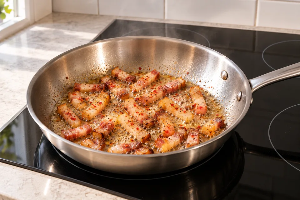 amatriciana sauce — step 2: Add chili flakes and stir for 30 seconds. Pour in white wine and let it reduce by half, about 1 minute.
