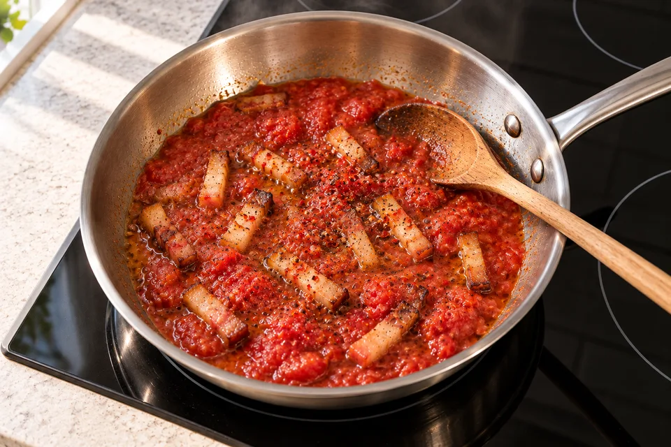 amatriciana sauce — step 3: Add crushed tomatoes and stir to combine. Season with black pepper.