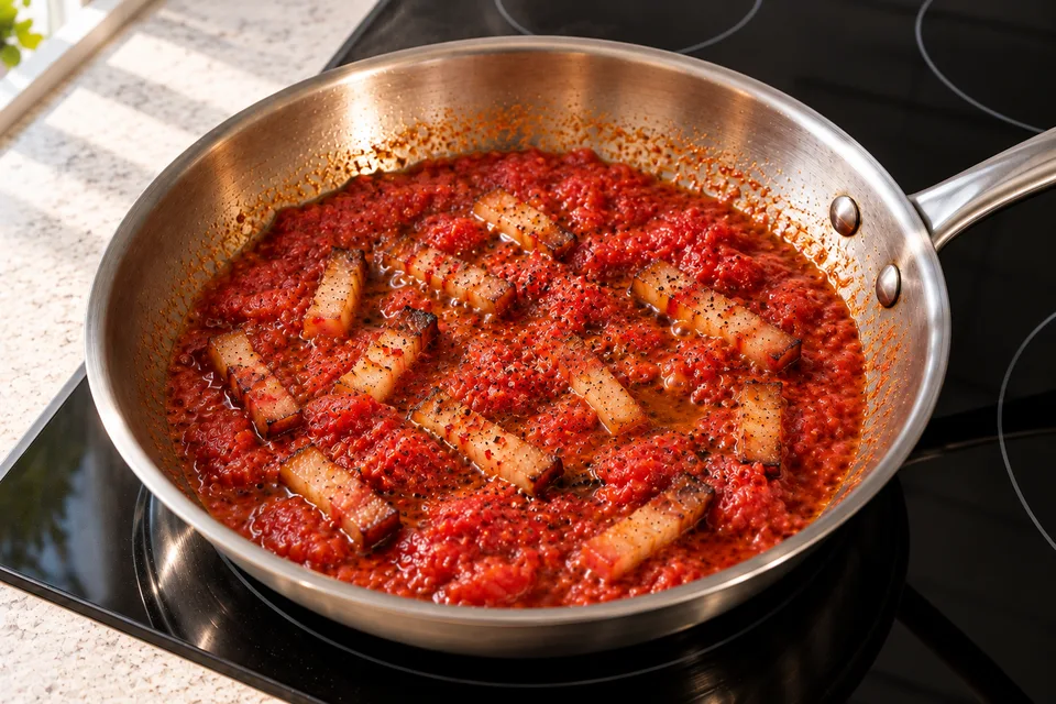 amatriciana sauce — step 4: Simmer uncovered over medium-low heat, stirring occasionally, until the sauce thickens and the fat pools slightly on the surface, about 15 minutes.