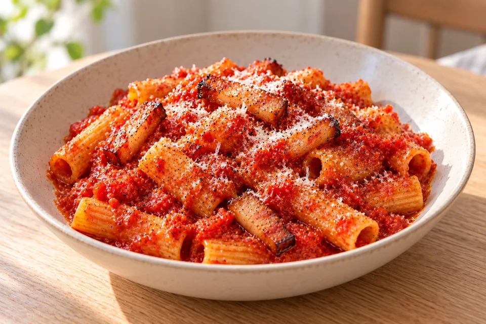 amatriciana sauce — step 5: Remove from heat. Stir in half the Pecorino Romano. Toss with cooked pasta and serve topped with remaining cheese.