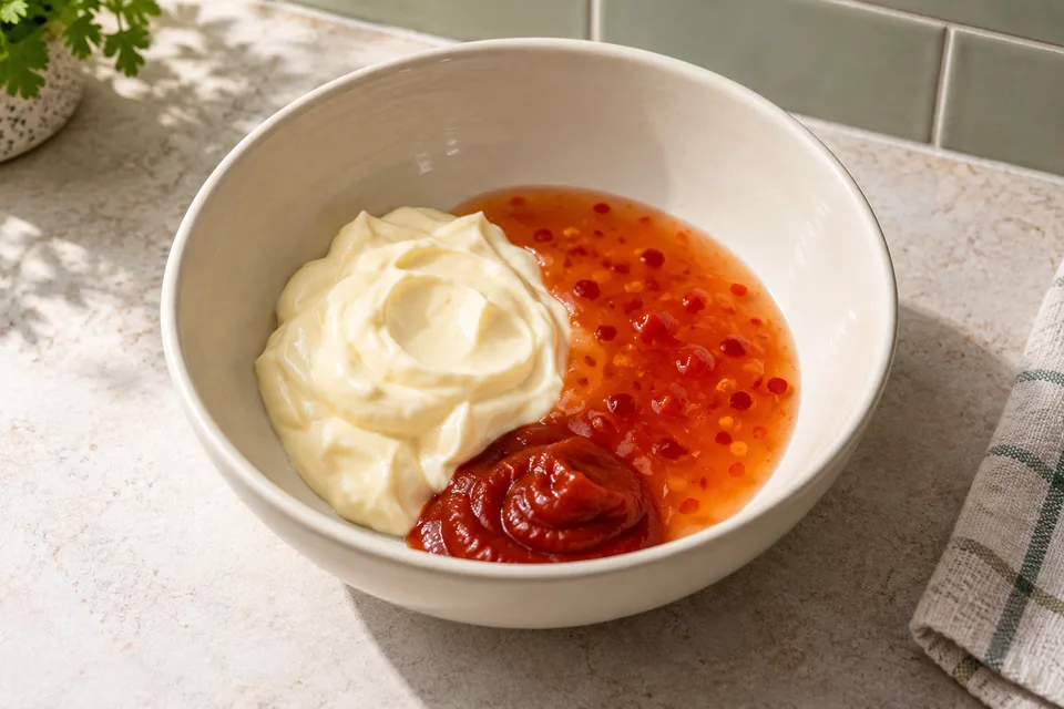 bang bang sauce — step 1: Combine mayonnaise, sweet chili sauce, and sriracha in a medium bowl.