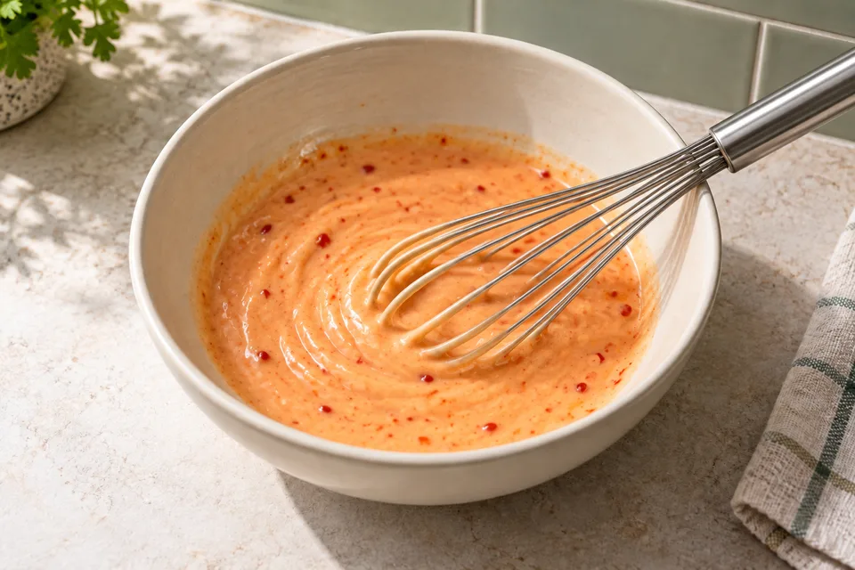 bang bang sauce — step 2: Add honey and rice vinegar, then whisk until fully smooth and uniform in color.