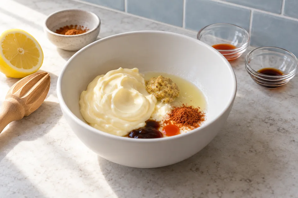 crab cake sauce — step 1: Combine mayonnaise, Dijon mustard, lemon juice, Old Bay seasoning, hot sauce, and Worcestershire sauce in a small bowl.