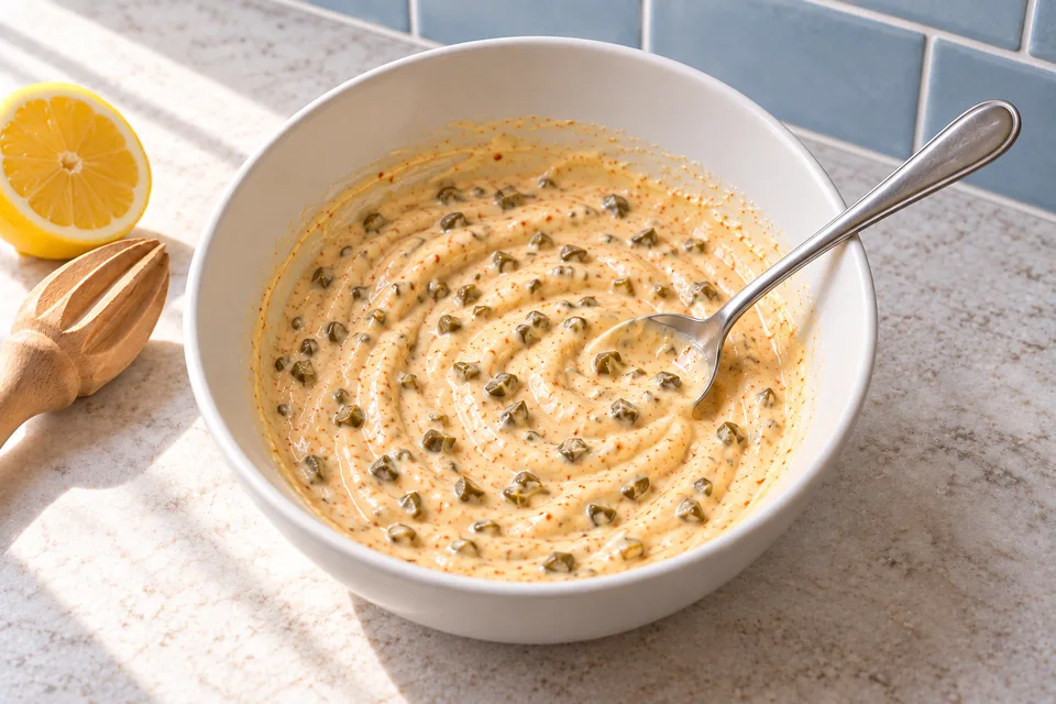 crab cake sauce — step 3: Fold in chopped capers.