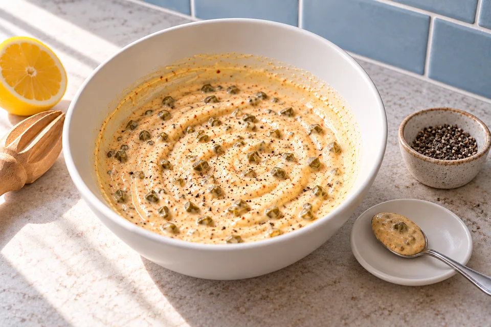crab cake sauce — step 4: Season with salt and black pepper to taste.