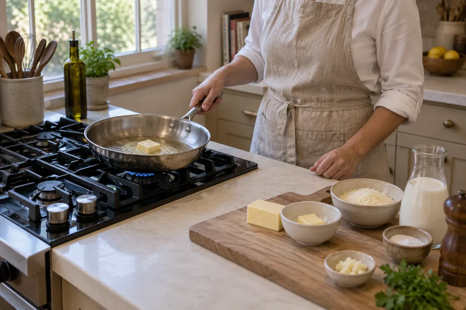 alfredo sauce — step 1: Melt butter in a large skillet over medium-low heat.