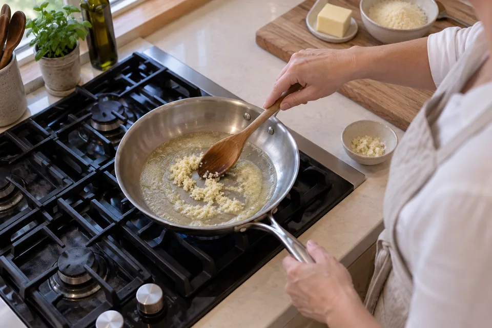 alfredo sauce — step 2: Add minced garlic and cook for 1 minute until fragrant, without browning.