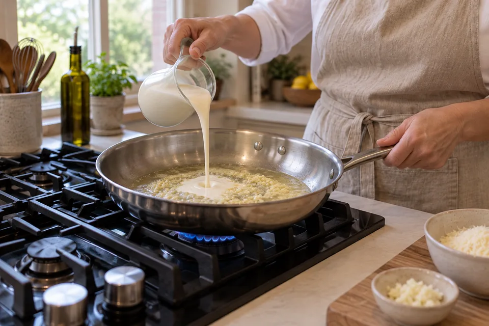 alfredo sauce — step 3: Pour in heavy cream and bring to a gentle simmer; cook for 3 to 4 minutes until slightly reduced.