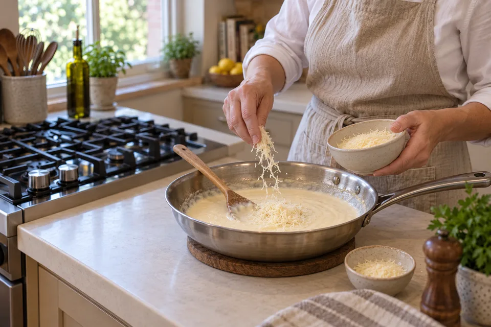 alfredo sauce — step 4: Remove the pan from heat and stir in grated Parmesan in two additions, stirring constantly until fully melted and smooth.