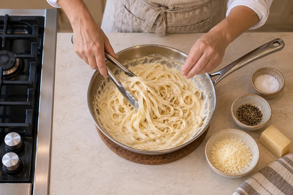alfredo sauce — step 5: Season with salt and black pepper, then toss immediately with cooked pasta and serve.