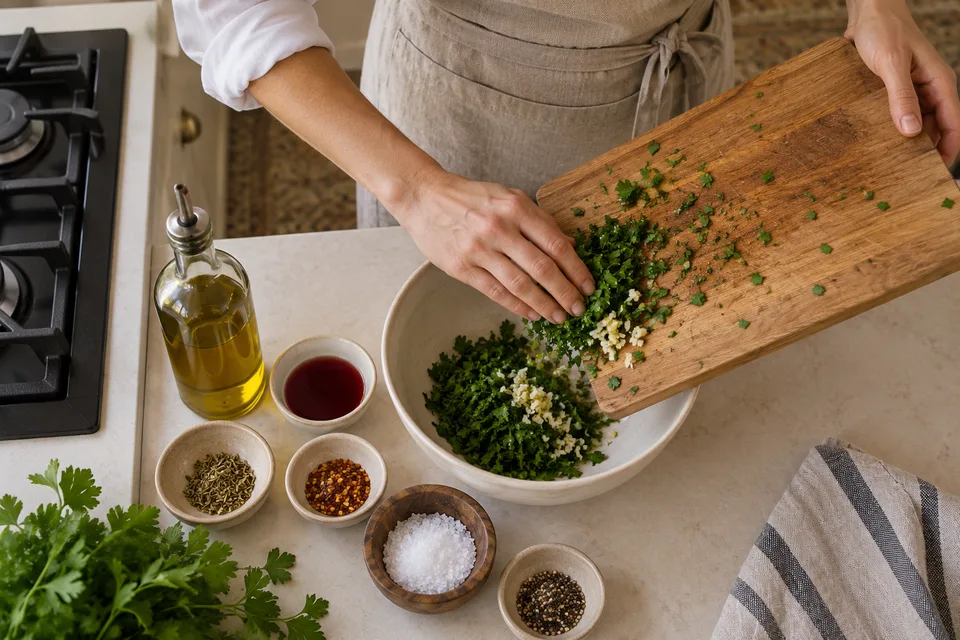 chimichurri — step 2: Transfer parsley and garlic to a bowl. Add olive oil, red wine vinegar, oregano, red pepper flakes, salt, and black pepper.