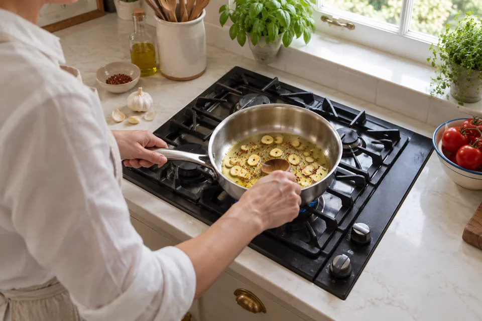 marinara sauce — step 2: Add sliced garlic and red pepper flakes; cook, stirring frequently, until garlic is golden and fragrant, about 2 minutes.