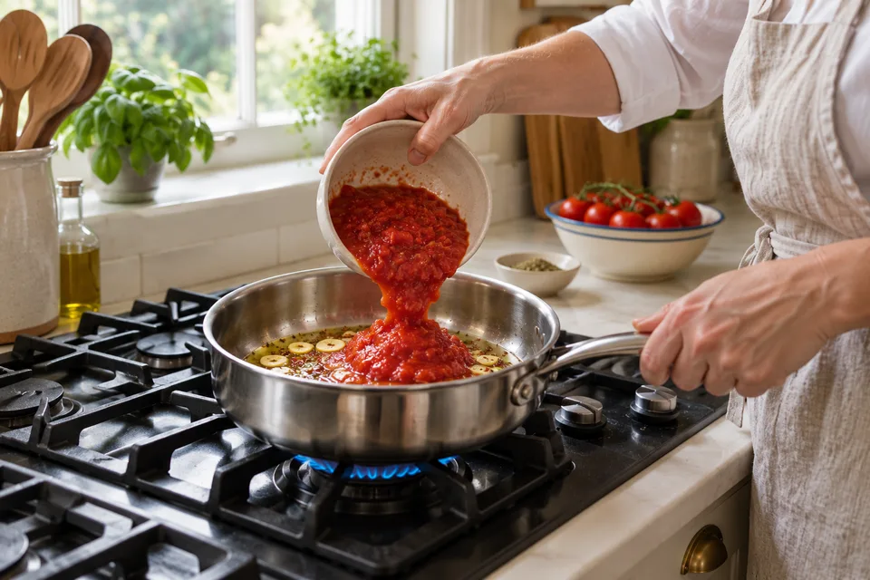 marinara sauce — step 3: Add crushed tomatoes and dried oregano; stir to combine.