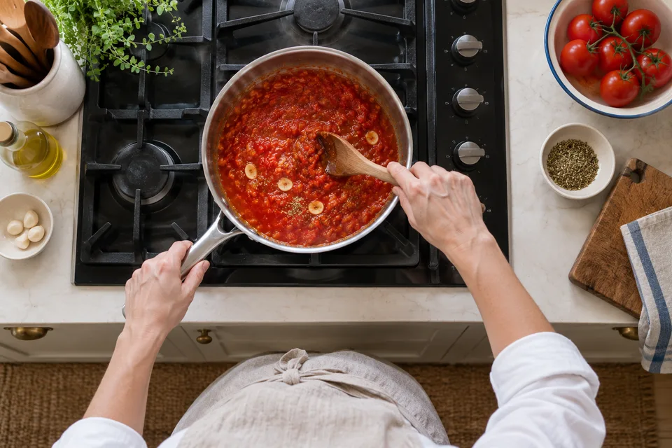 marinara sauce — step 4: Bring to a gentle simmer and cook uncovered, stirring occasionally, for 20 to 22 minutes until the sauce thickens slightly.