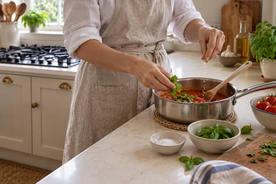 marinara sauce — step 5: Remove from heat, season with salt, and stir in fresh basil leaves before serving.
