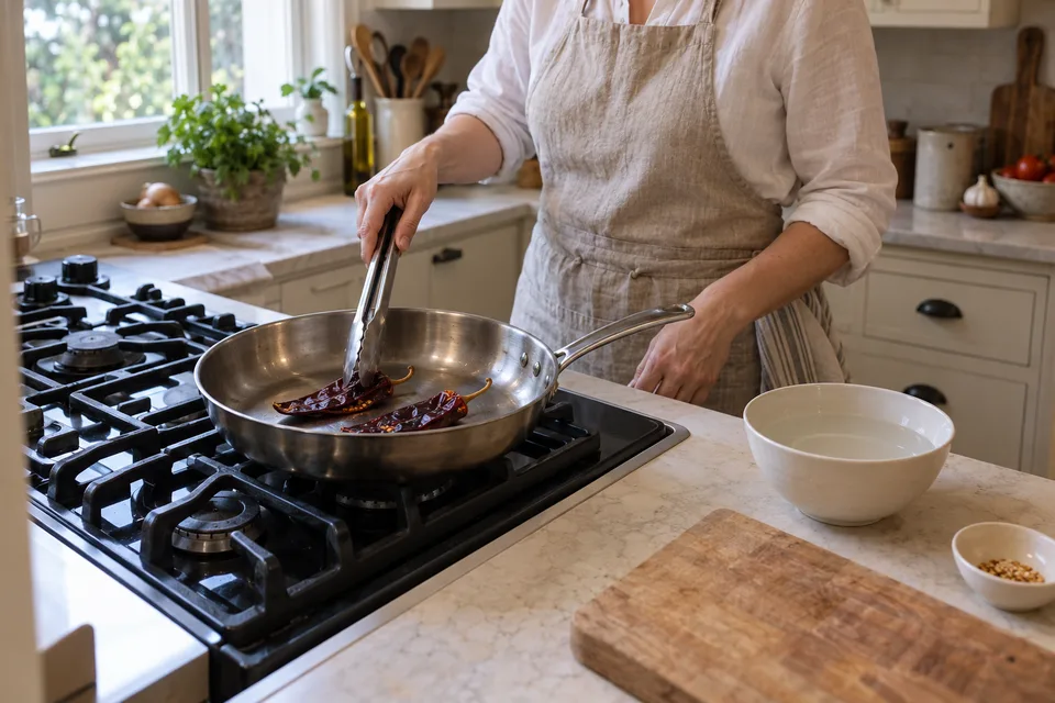 ranchero sauce — step 1: Toast the dried guajillo chiles in a dry skillet over medium heat for 30 seconds per side until fragrant; soak in hot water for 10 minutes, then drain.
