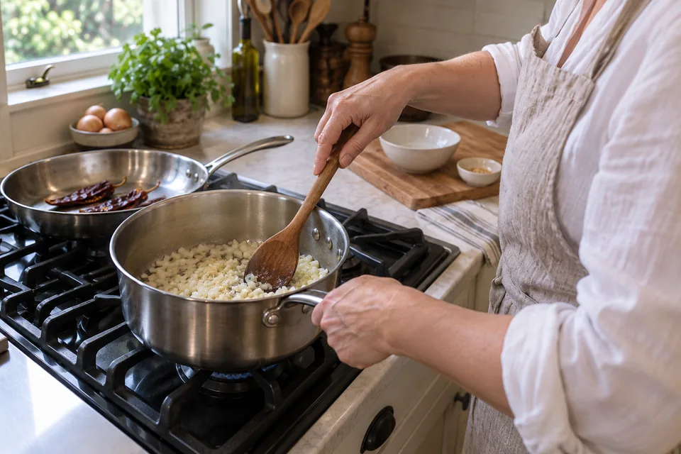 ranchero sauce — step 2: While the chiles soak, heat oil in a saucepan over medium-high heat. Cook the onion until softened, about 4 minutes, then add garlic and cook 1 minute more.