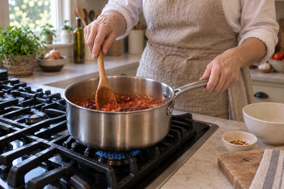 ranchero sauce — step 4: Pour in water and bring to a simmer. Cook uncovered for 12 minutes, stirring occasionally, until tomatoes break down.