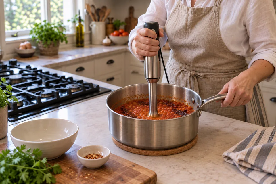 ranchero sauce — step 5: Remove the pan from heat. Use an immersion blender rated for hot liquids, following its manual, to make a coarse sauce while avoiding splashes. If using a countertop blender, follow its temperature and venting instructions; never put hot sauce in a sealed personal blender. Return the sauce to the pan.