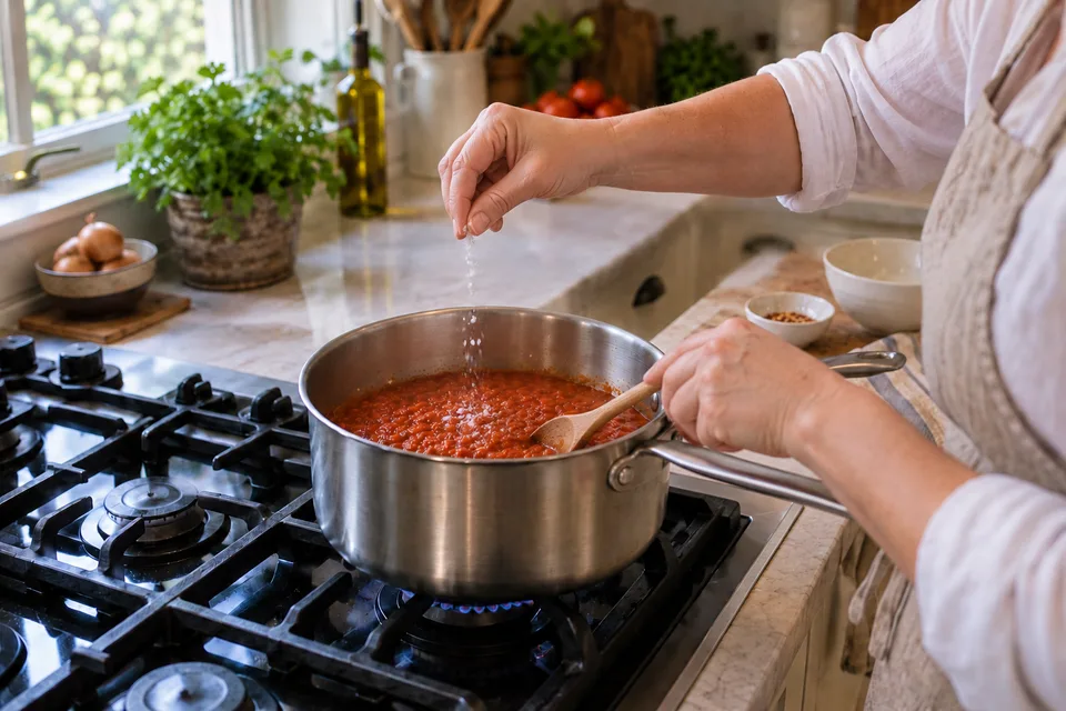 ranchero sauce — step 6: Season with salt, simmer 2 minutes more, and adjust consistency with additional water if needed.