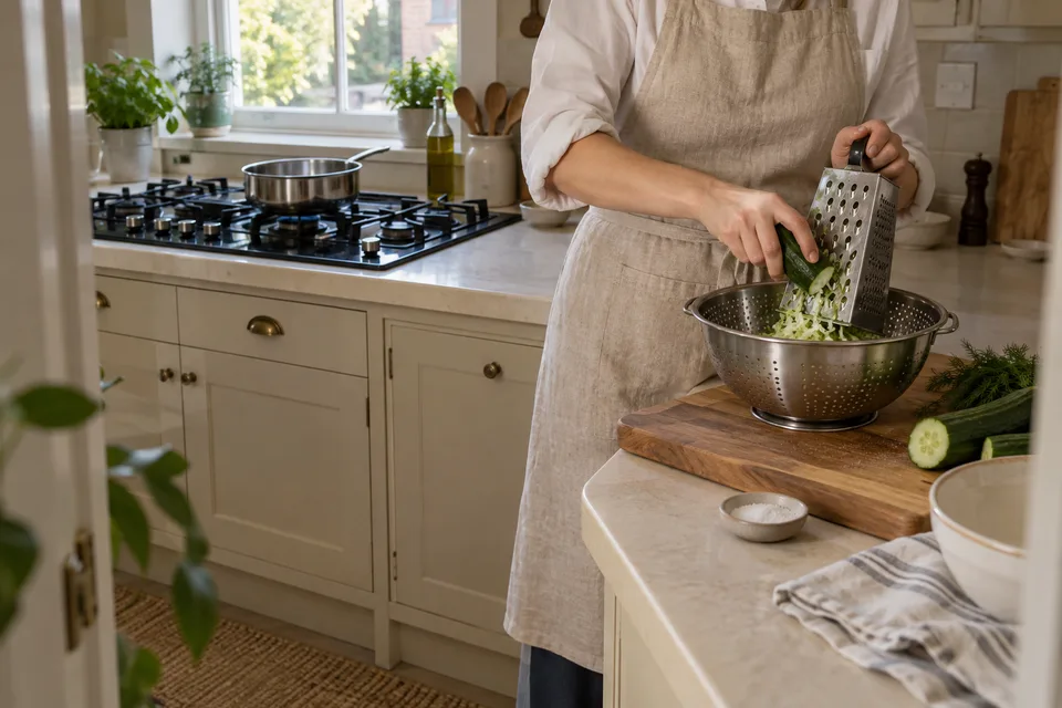 tzatziki sauce — step 1: Grate the cucumber on the large holes of a box grater into a colander. Toss with 1/4 teaspoon salt and let drain for 10 minutes.