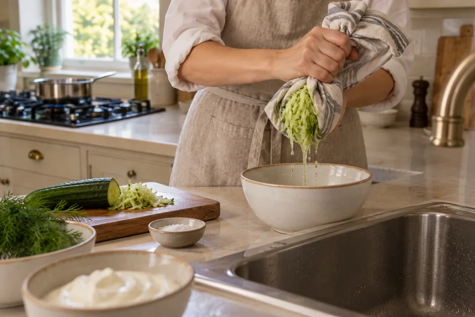 tzatziki sauce — step 2: Gather the grated cucumber in a clean kitchen towel and squeeze firmly to remove as much liquid as possible.