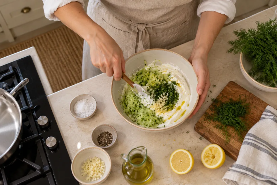 tzatziki sauce — step 3: Combine the strained yogurt, squeezed cucumber, garlic, dill, lemon juice, and olive oil in a medium bowl.