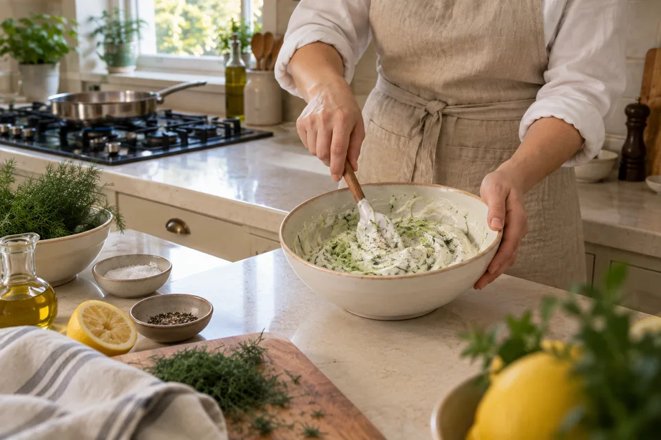 tzatziki sauce — step 4: Season with the remaining salt and black pepper; stir until evenly combined.