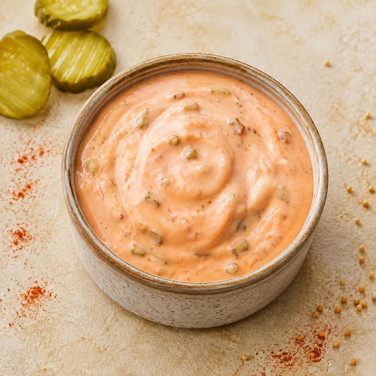 Creamy pink-orange burger sauce with small pickle and seasoning flecks