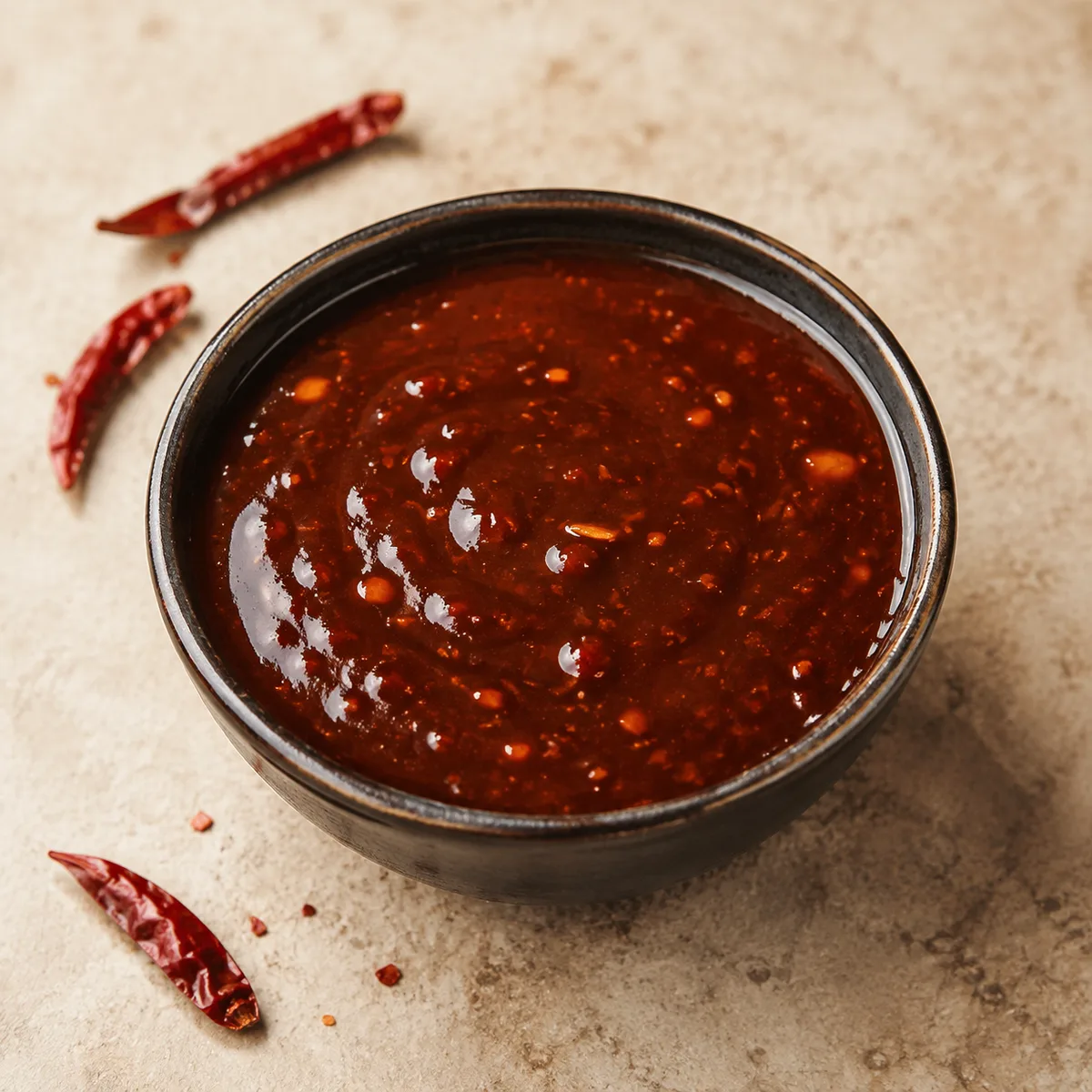 Glossy General Tso sauce with garlic, ginger, and dried chili flecks
