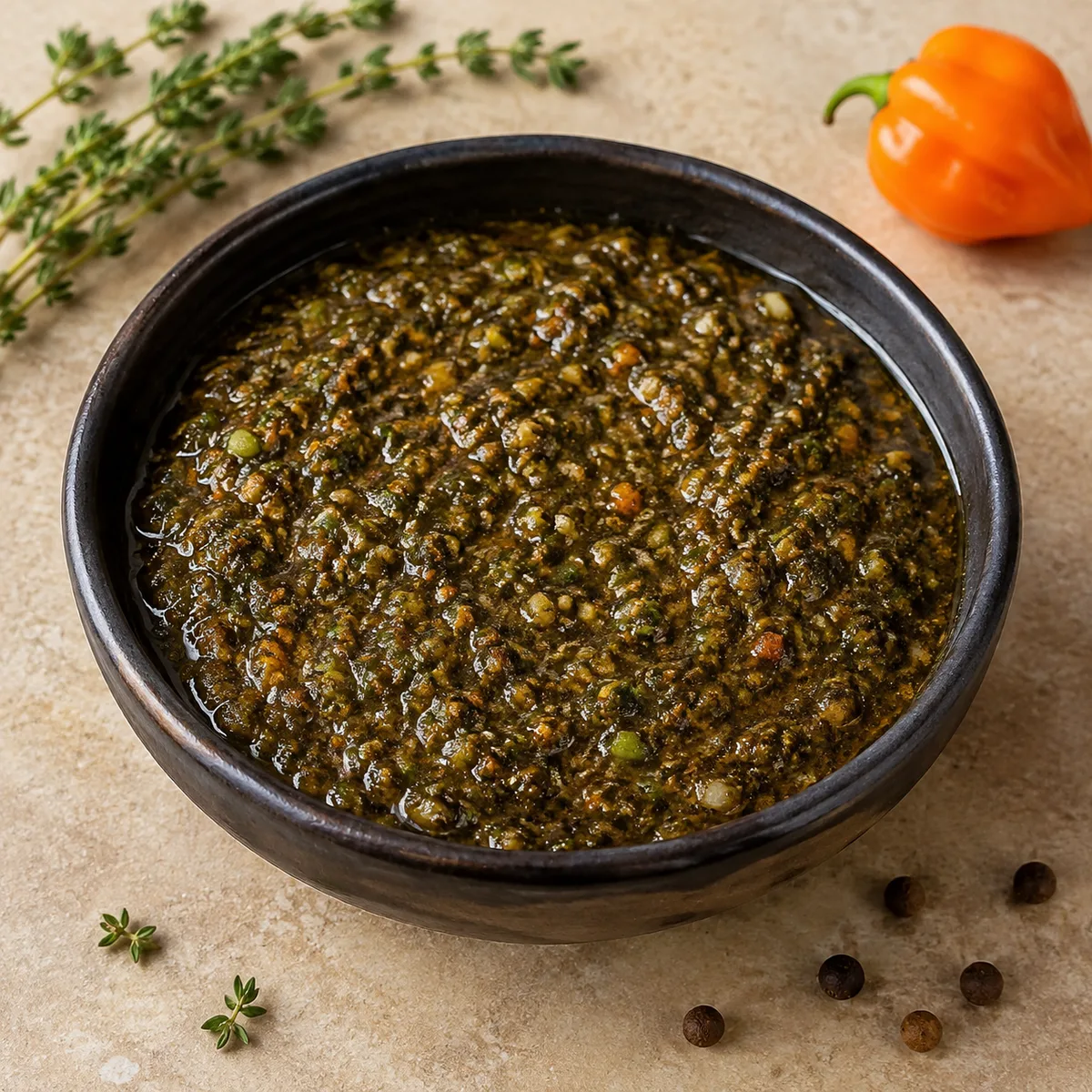 Coarse green-brown Jamaican jerk sauce with scallion, thyme, Scotch bonnet, and allspice