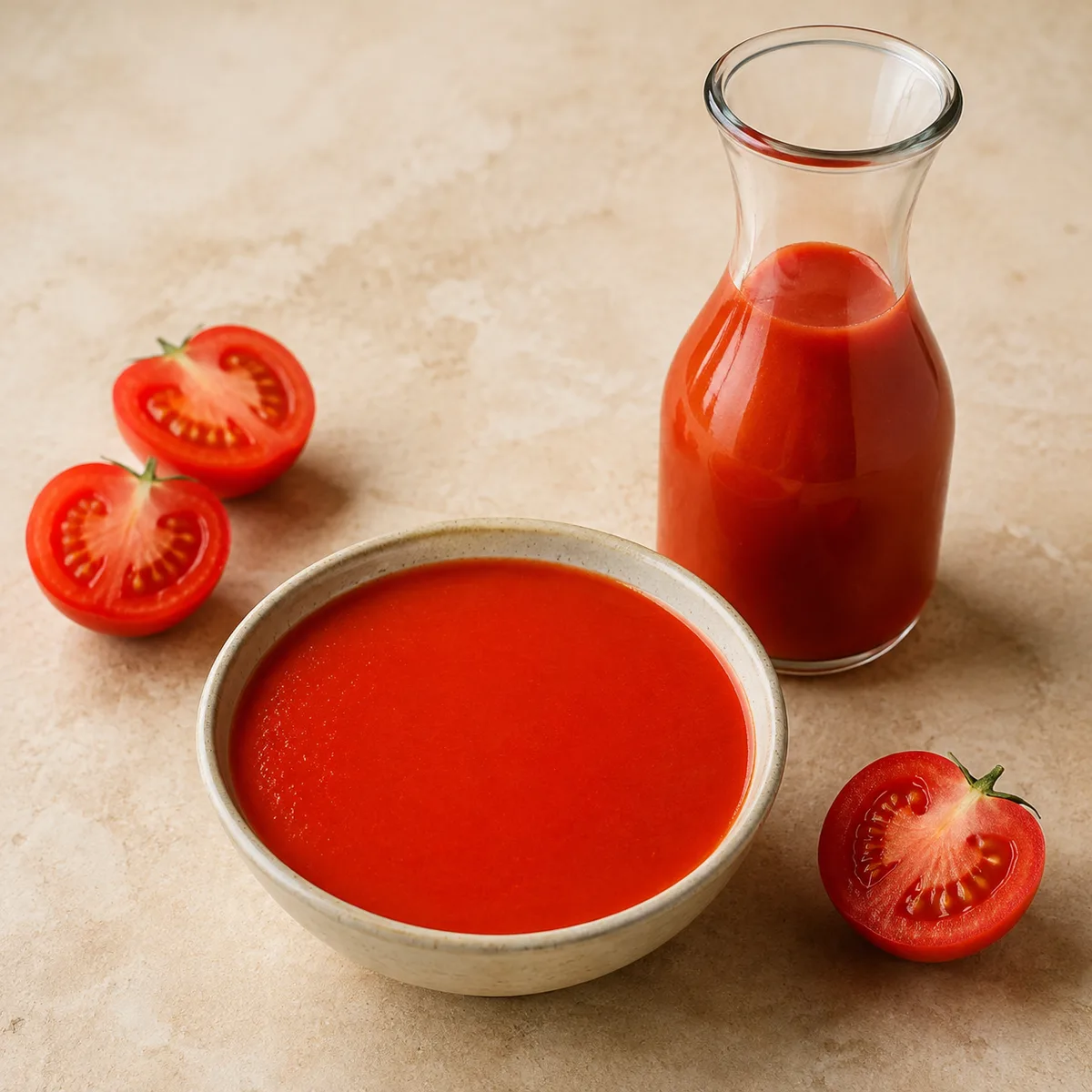 Smooth bright-red tomato passata in a ceramic bowl beside an unbranded glass carafe