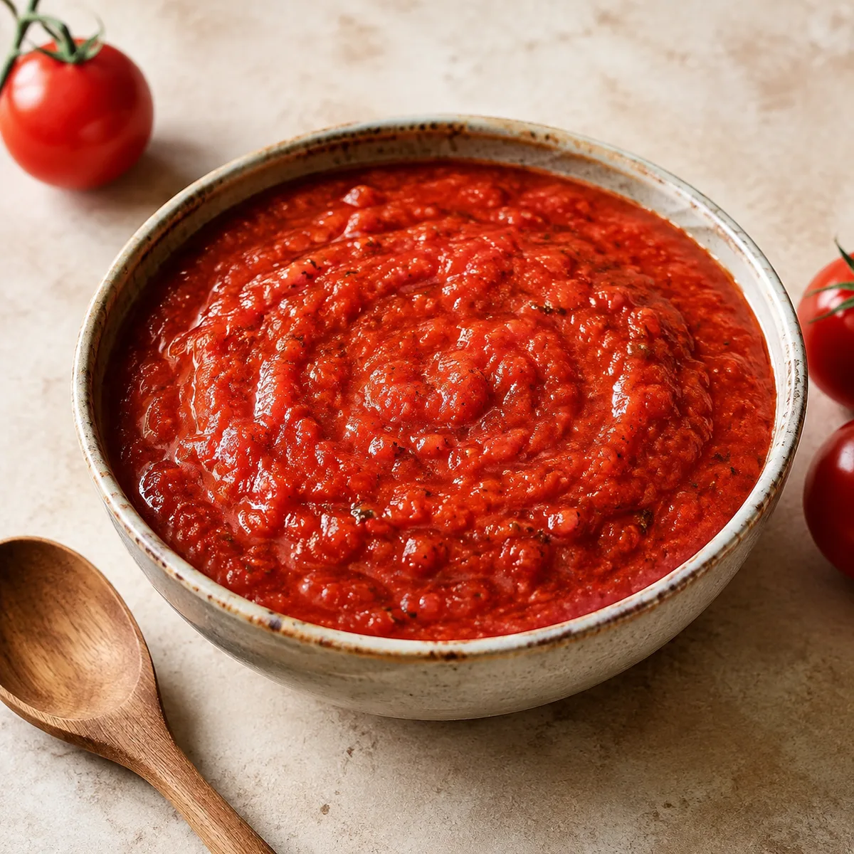 Thick red pizza sauce in a ceramic bowl with tomato, oregano, and basil