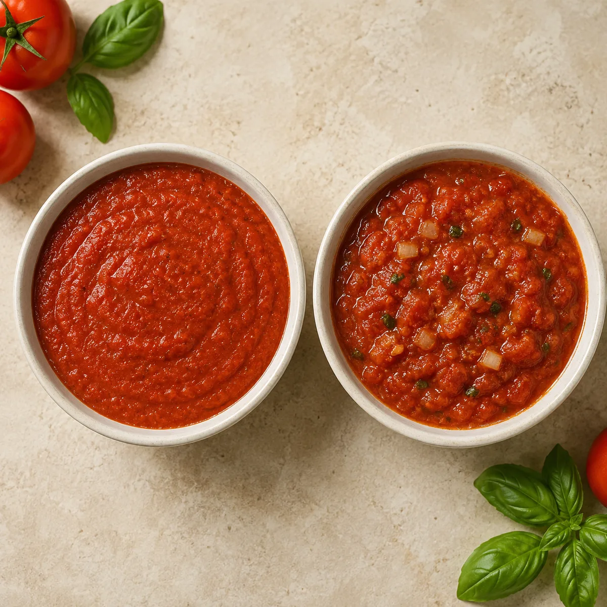 Smooth pizza sauce and chunkier pasta sauce in two separate ceramic bowls