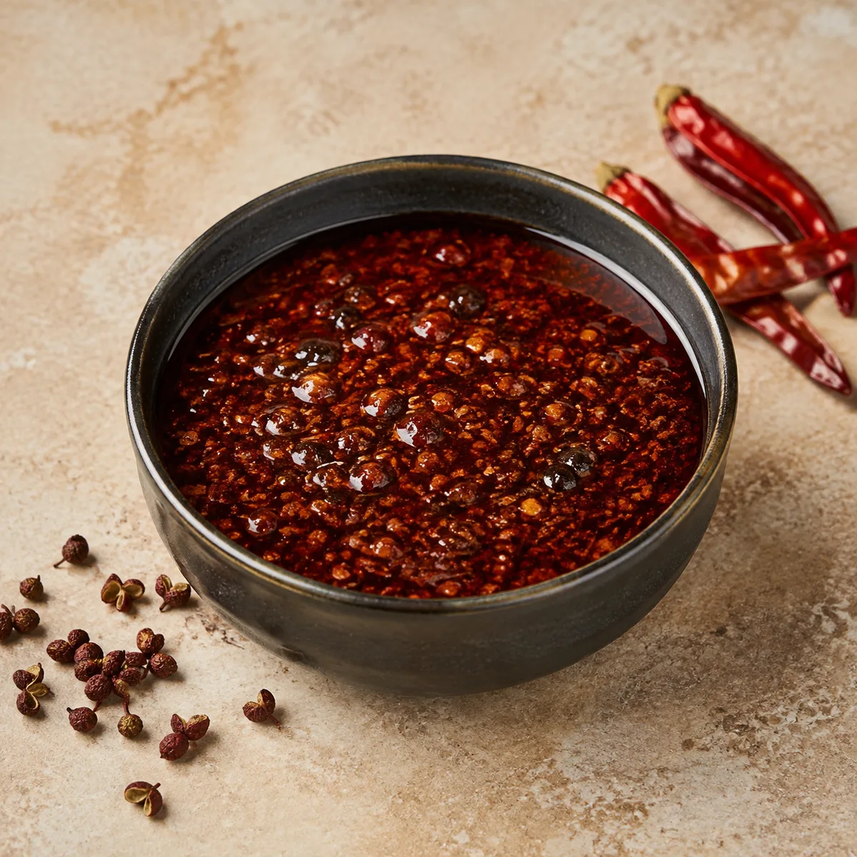 Glossy red-brown Szechuan sauce with dried chilies and Sichuan peppercorns