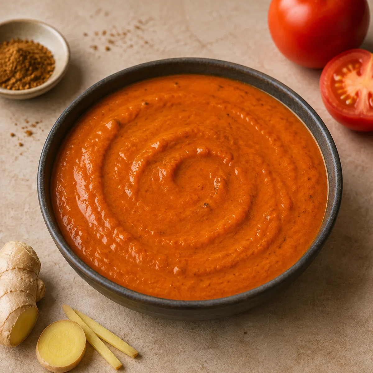 Smooth orange-red tikka masala sauce with a creamy tomato texture and spice flecks
