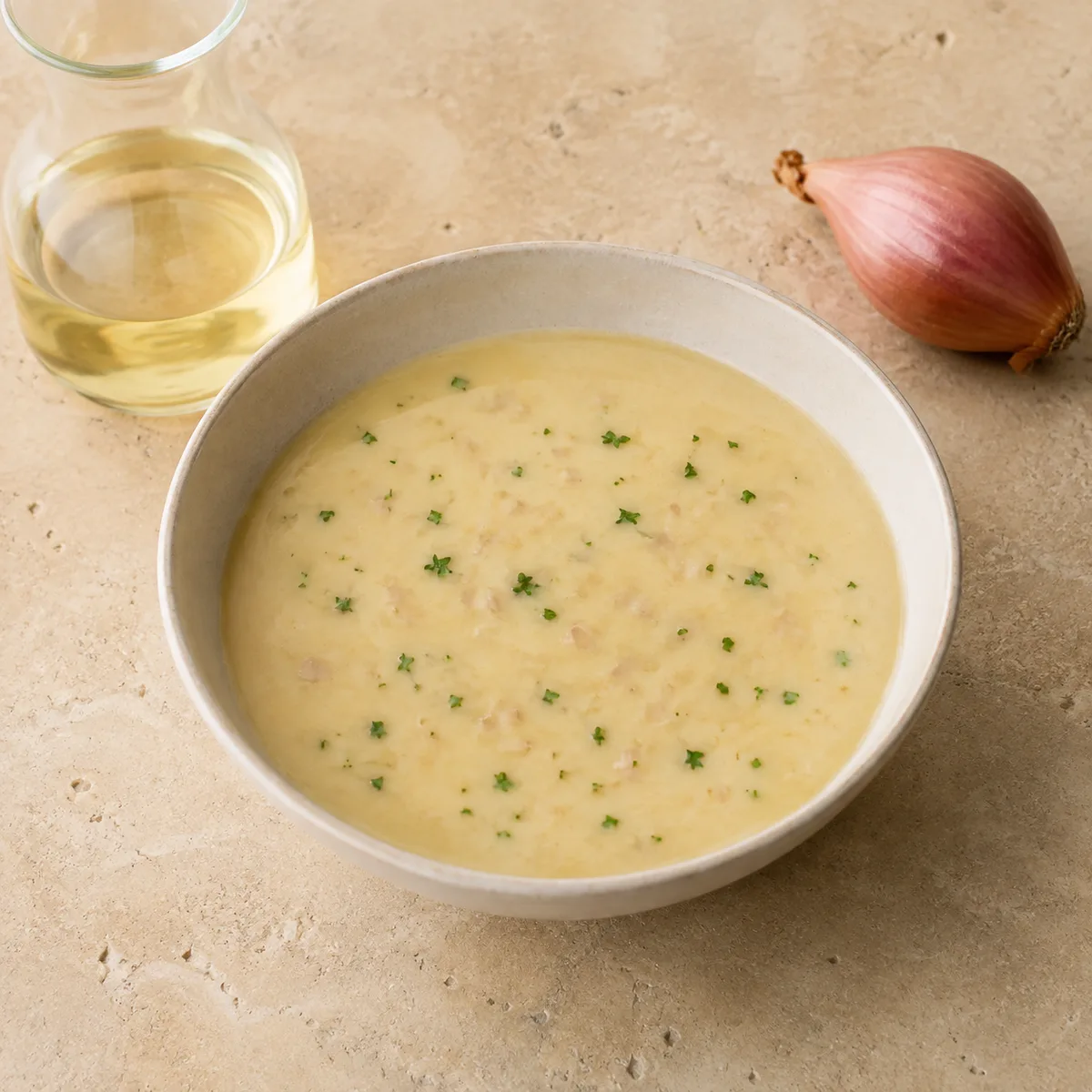 Silky ivory white wine sauce with shallot and parsley flecks beside an unbranded carafe