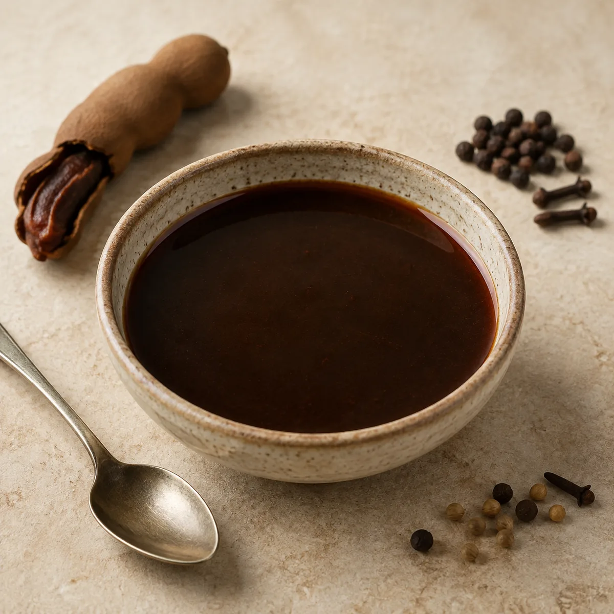 Dark brown Worcestershire-style sauce in a ceramic bowl with tamarind and whole spices