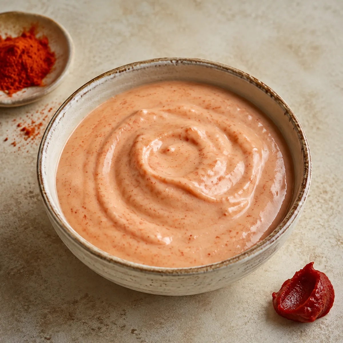 Pale pink Yum Yum sauce with a creamy swirl and paprika flecks